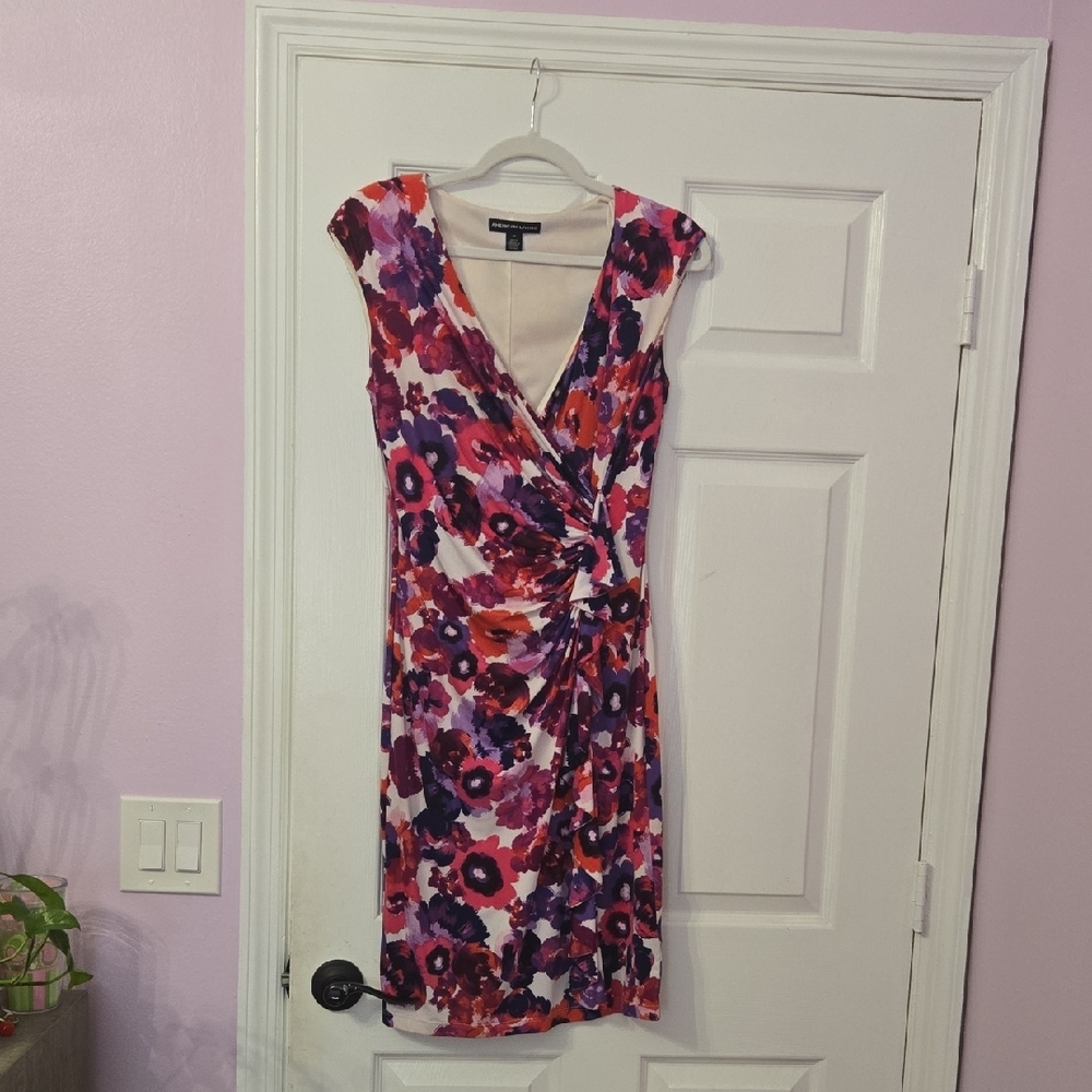 American Living Pink and Red Sheath Midi Dress V-Neck Cap Sleeve